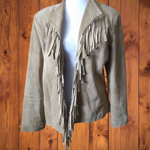 Nancy Bolen City Girl Size 12 Beige Suede Open Front Jacket Fringe Western - Picture 6 of 9